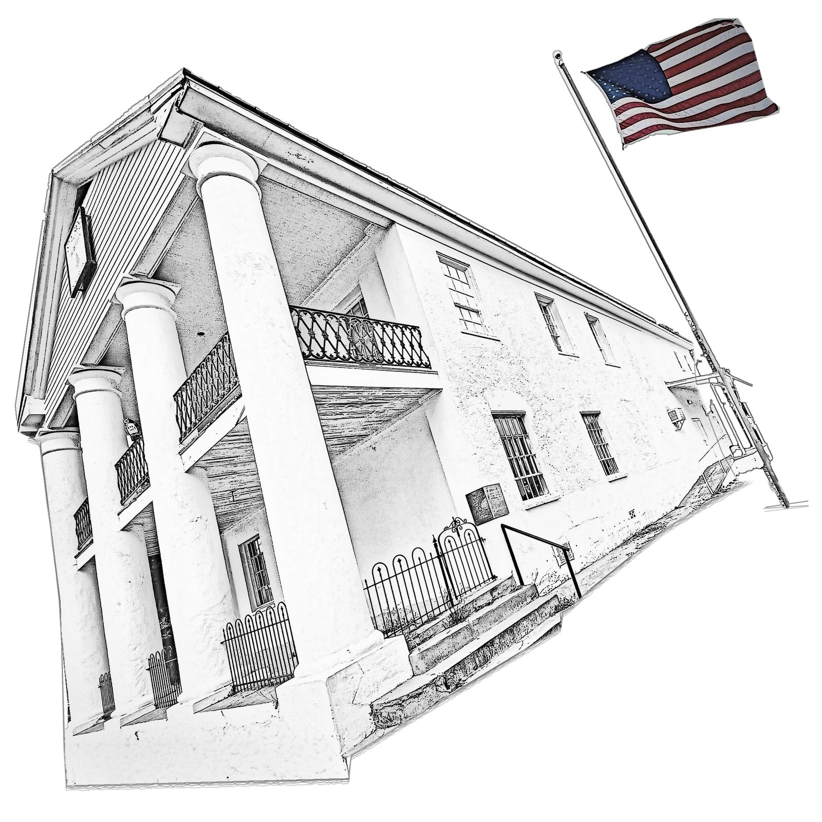 Pencil sketch of the St. Albans Lodge hall in Jackson, with its tall white columns, iron balconies and the American flag flying beside it.